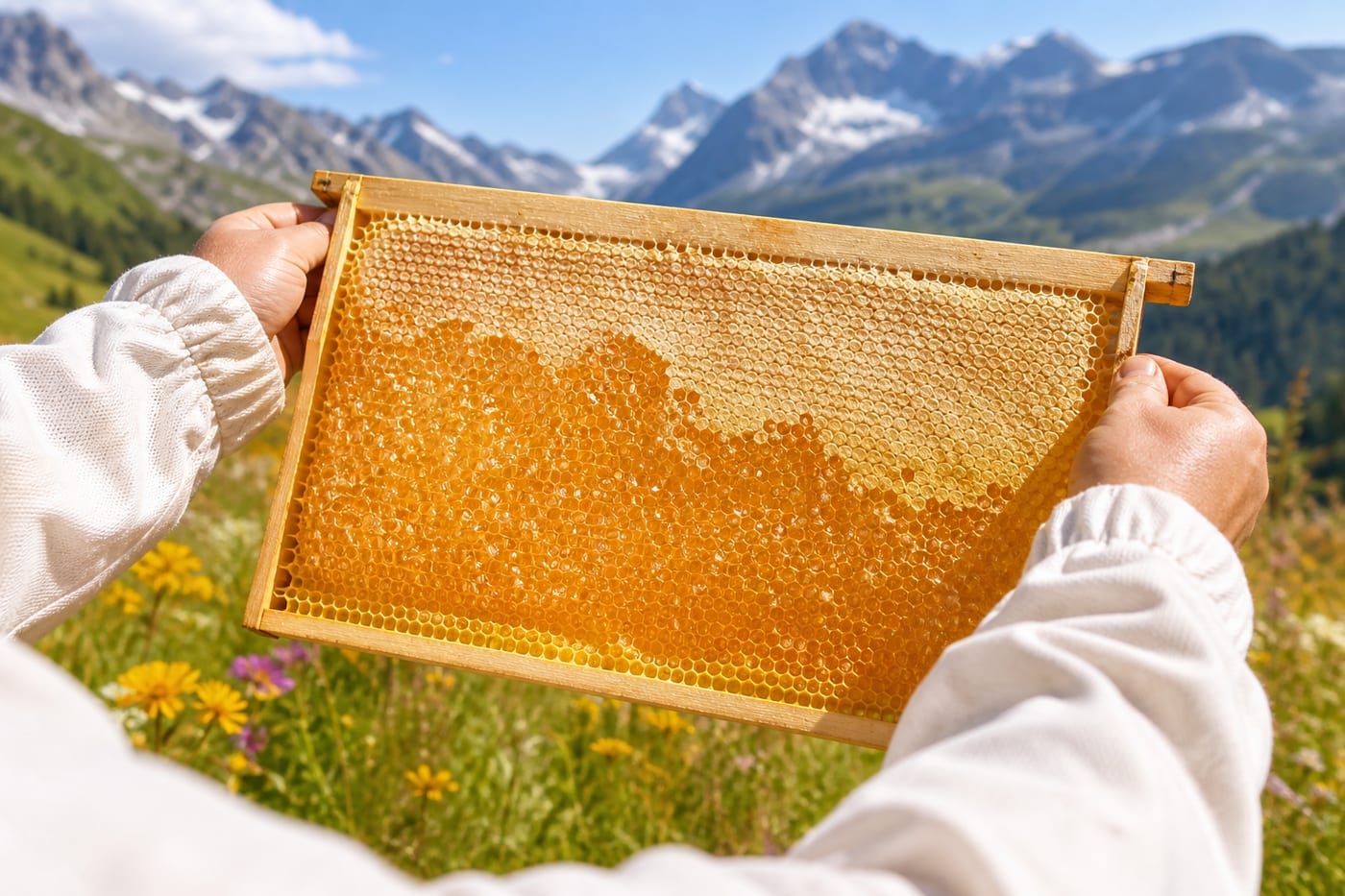 Beekeeper inspecting natural honeycomb in mountain meadow