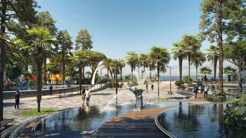 Street-level view of the planned plaza with dolphin fountains and the BATUMI arch
