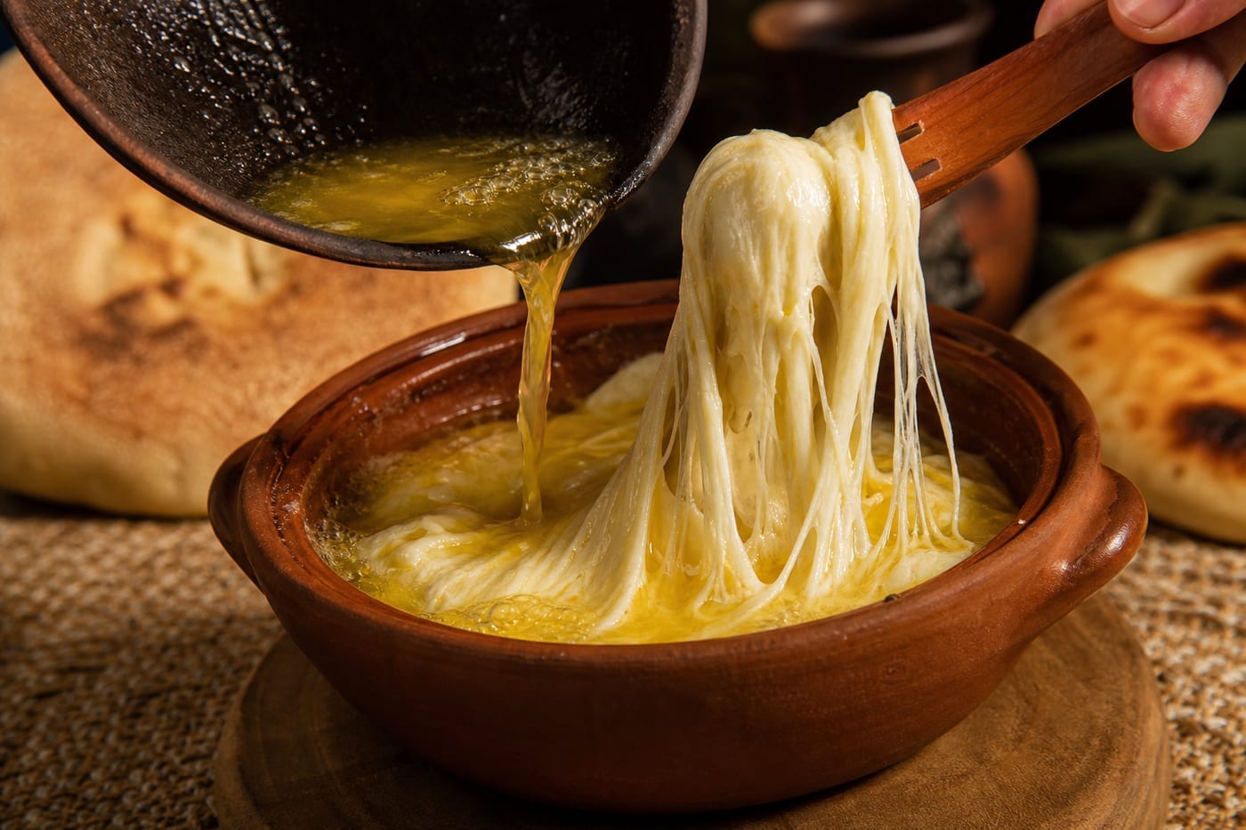 Sizzling hot butter poured over melted Georgian cheese