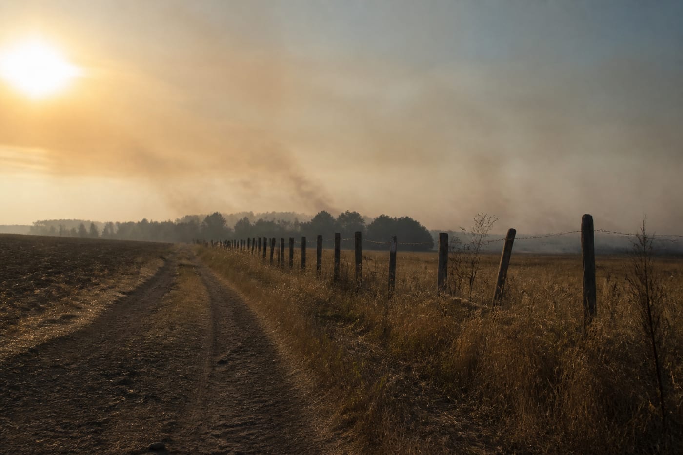 Smoke haze over a rural lane at dusk during harvest season